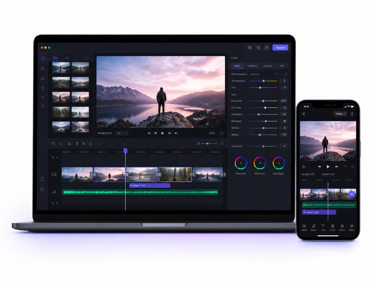 Laptop and smartphone showing a video editing timeline with colour grading tools